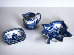 A BLUE & WHITE PEARLWARE PICKLE DISH. 1st-half 19th century. Together with a pearlware dish & a