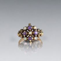 ANTIQUE LADIES 9CT GOLD, OPAL AND AMETHYST RING. Fancy setting, set with five round opals and four