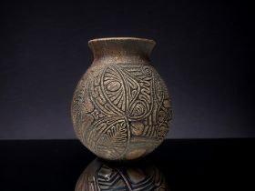 Unusual 'Ethnic' design studio pottery vase. Signed 'PNG -2003'.