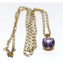 9ct gold pendant necklace set with large Amethyst stone chain 48cm