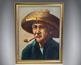 Chinese school, Oil on board. Depicting 'old man smoking pipe' Signed to lower left. 45 c 36cm