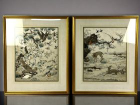 Japanese school, pair of needlework on silk panels. Meiji period. Each finely detailed and