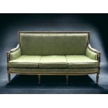 ANTIQUE REGENCY STYLE SQUARE BACK SOFA. CARVED & GILDED, UPHOLSTERED WITH GREEN SILK 'WREATH'