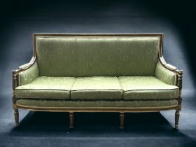 ANTIQUE REGENCY STYLE SQUARE BACK SOFA. CARVED & GILDED, UPHOLSTERED WITH GREEN SILK 'WREATH'