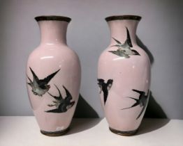 A large pair of Japanese Cloisonne enamel vases. Meiji period. Salmon pink ground, with finely