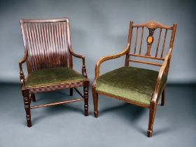 Two late 19th/Early 20th Century Low Chairs. One with inlay and upholstered, the other with curved