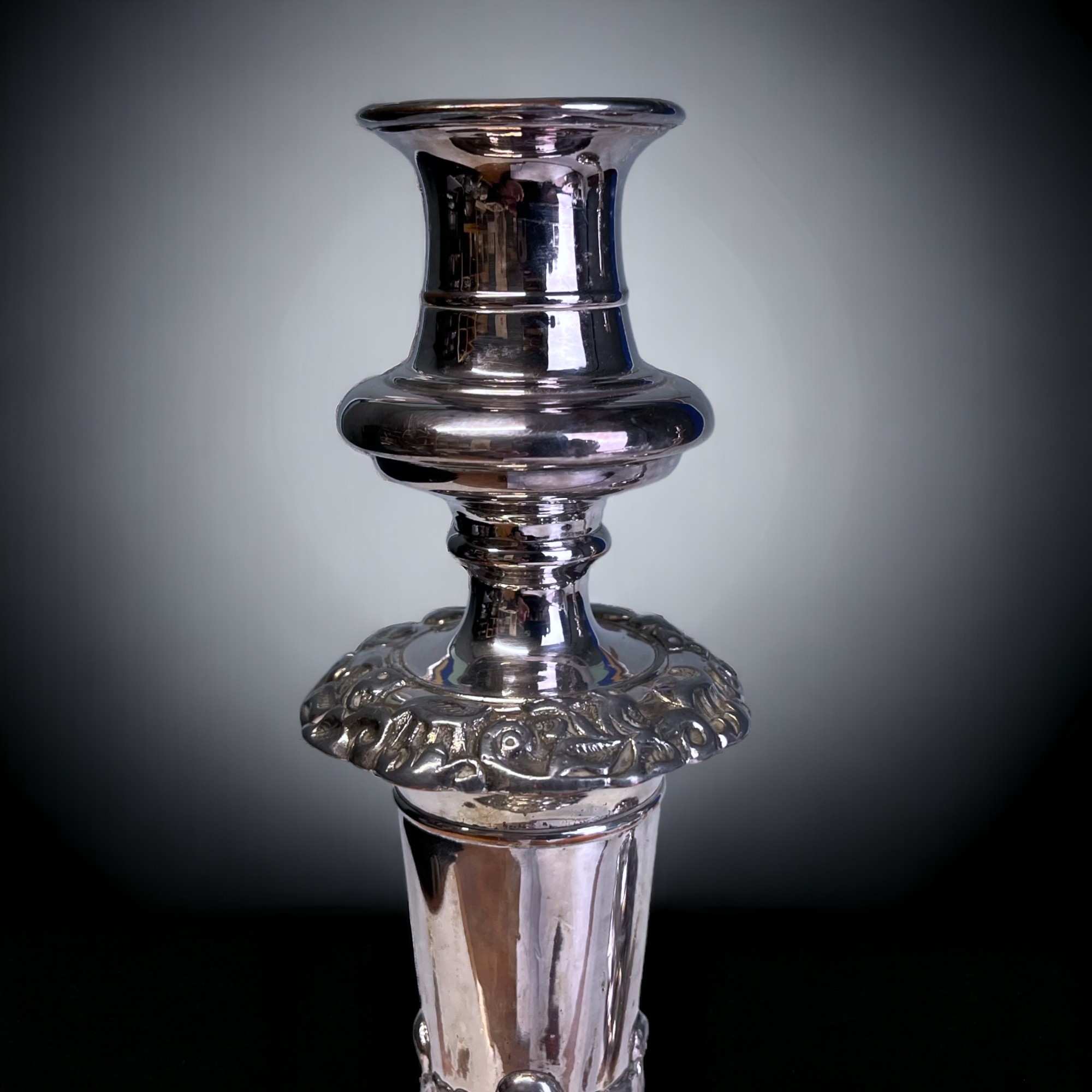 A PAIR OF GEORGIAN SHEFFIELD PLATE CANDLESTICKS. Relief decorated foliate design. Height - 30cm - Image 4 of 6