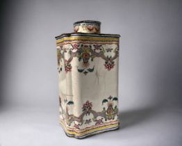 A Chinese Canton enamel tea caddy & cover. Qing dynasty, Qianlong period. Painted stylised design.