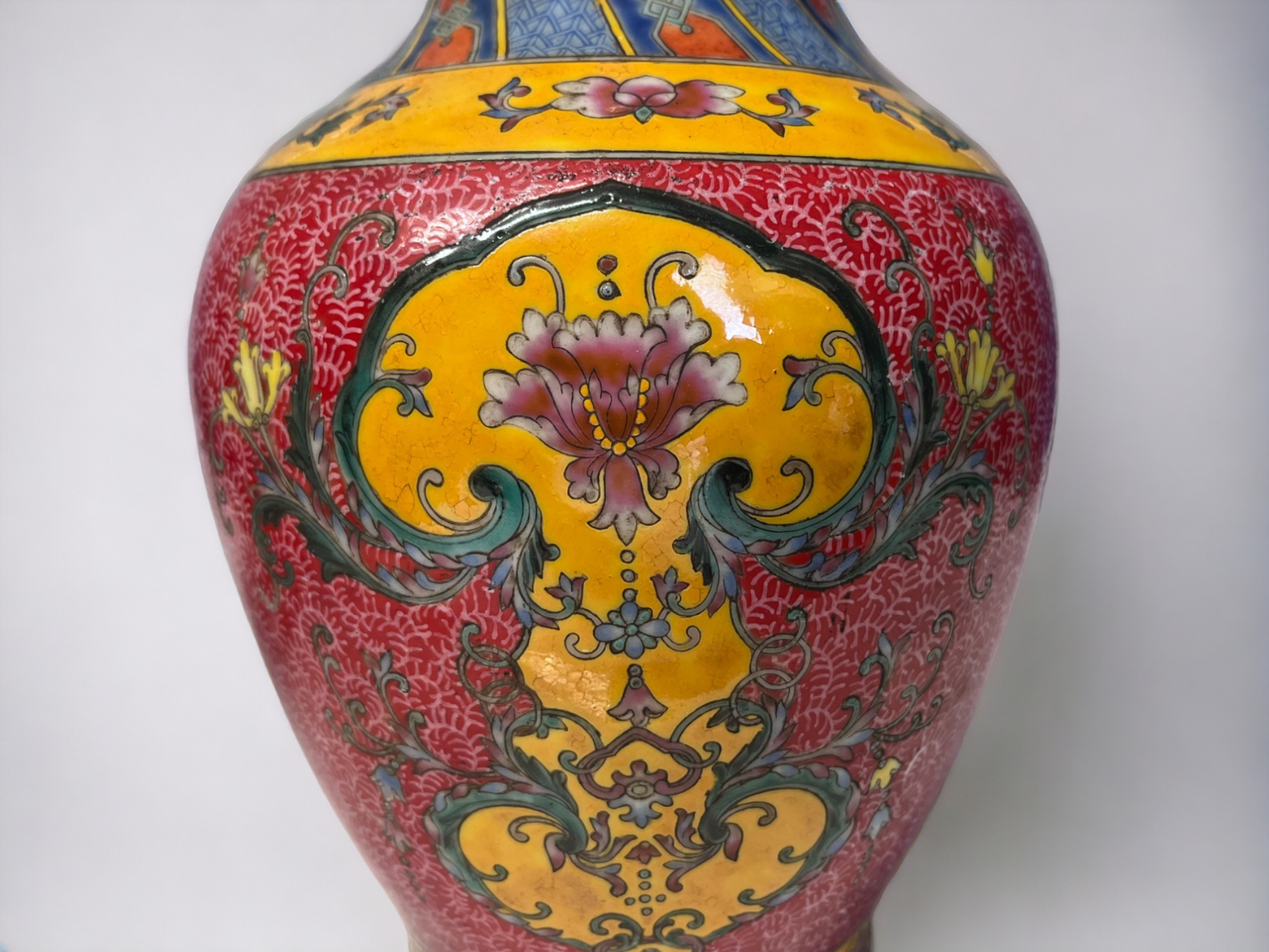 A PAIR OF CHINESE HAND PAINTED PORCELAIN VASES. Baluster form, painted enamels flowers in stylised - Image 5 of 8