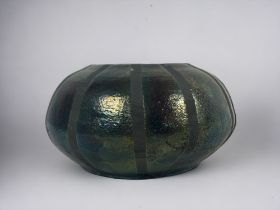 A striped Raku glaze pottery bowl. Signed to base. 7 x 13cm