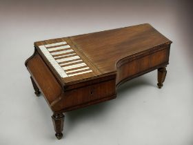 A 19th Century French 'Grand Piano' sewing box. Modelled as a Grand piano, with bone keys. Lift