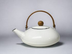 A mid century design white enamel teapot. Possible Scandinavian. Unmarked. 19 x 28cm