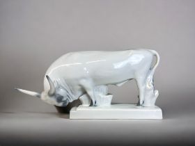 ZSOLNAY PECS PORCELAIN BULL. Designed by Andras Sinko. Marked to base,