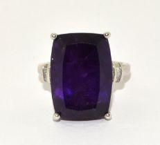 925 silver large impressive Amethyst and Diamond shank solitaire oblong ring on a box design setting