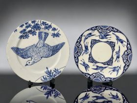 Two scarce 19th century English plates. The first Brownfield, blue flying cranes pattern.