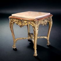 A LOUIS XIV STYLE GILTWOOD COFFEE TABLE. 19th century, French. Intricately carved Giltwood foliate