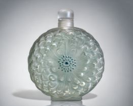 A RENE LALIQUE 'DAHLIA' FLACON. Model 615, Circa 1931 in green colourway, with enamel painted centre