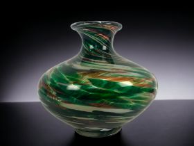 A large Art glass hand blown vase. Multicoloured swirl pattern. 21 x 23cm