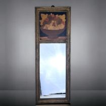 A ROWLEY GALLERY MARQUETRY WALL MIRROR. Inlaid scene depicting a baby in a bowl of fruits.