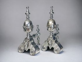 A pair of Victorian polished steel Andirons. English, 19th century. Diamond registration mark to