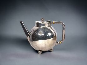 Christopher Dresser for Elkington & co. Silver plated teapot, on three ball feet. Elkington marks