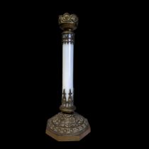 AN UNUSUAL BRASS & GLASS ALTAR CANDLESTICK. French, Circa 1900. With a white iridescent glass