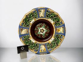 A MINTON MAJOLICA 'CHRISTMAS' CHARGER. Circa 1859. Made for the Crystal Palace Art Union.