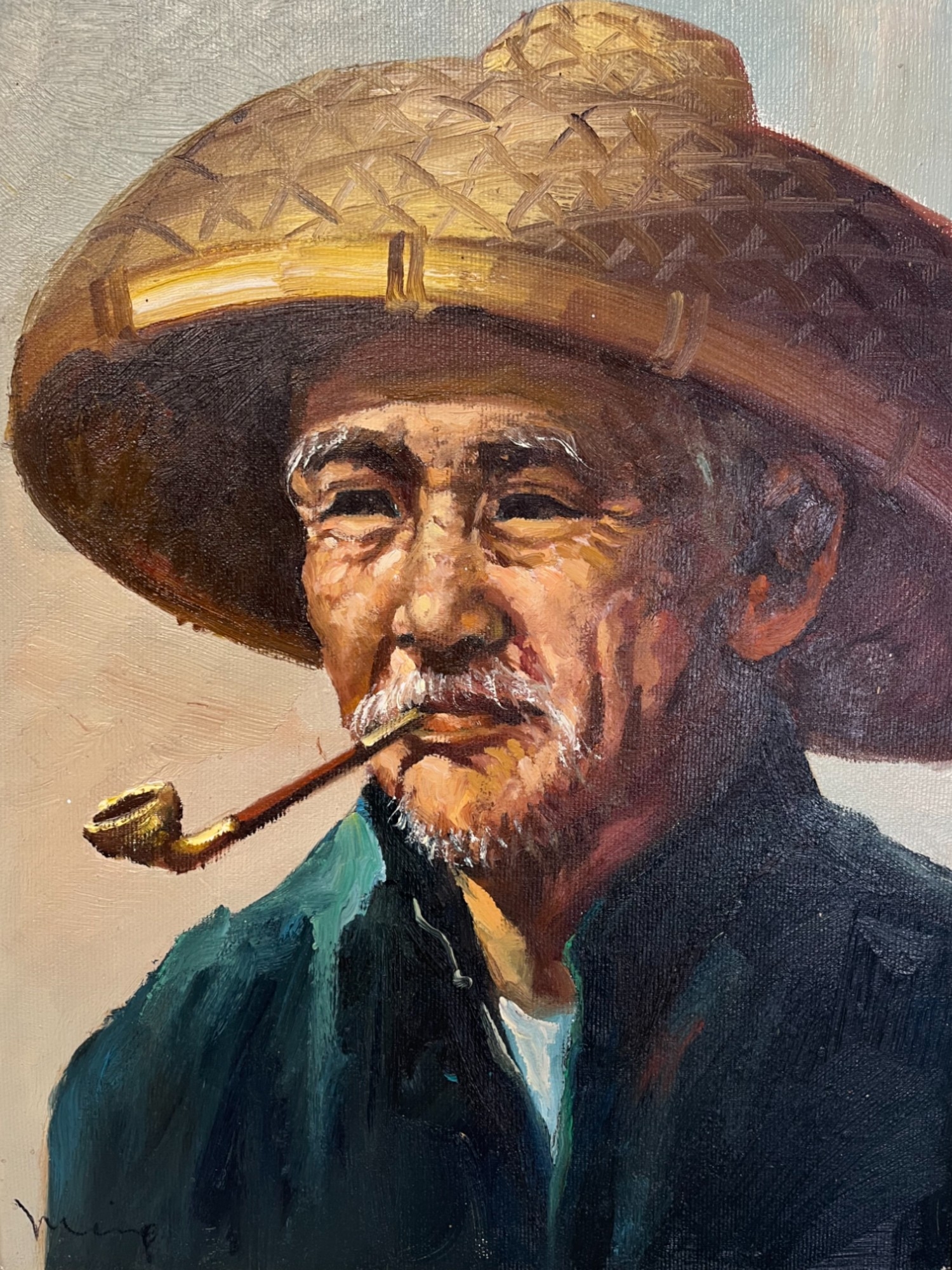 Chinese school, Oil on board. Depicting 'old man smoking pipe' Signed to lower left. 45 c 36cm - Image 2 of 2