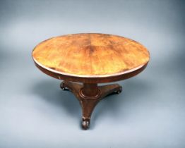 Rosewood veneered William IV Tilt top Breakfast table. Tapered Column support onto a Tri-form base