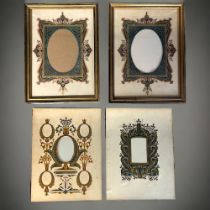 FOUR DR CHRISTOPHER DRESSER DESIGN PHOTO FRAMES. Four plates from a photo album, two in gilt frames.