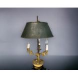A French Empire style Bouillotte lamp. 19th century. Three 'Swan' branch, with green painted