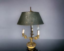 A French Empire style Bouillotte lamp. 19th century. Three 'Swan' branch, with green painted