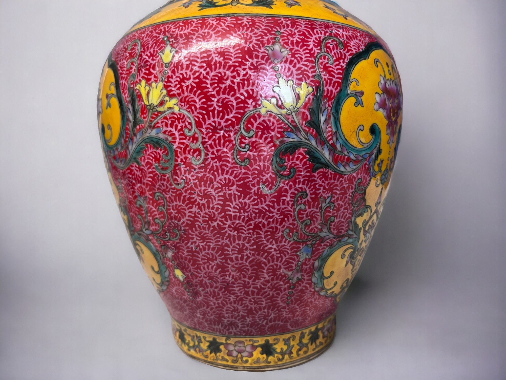 A PAIR OF CHINESE HAND PAINTED PORCELAIN VASES. Baluster form, painted enamels flowers in stylised - Image 4 of 8