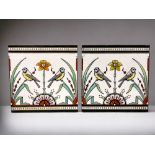 A PAIR OF CHRISTOPHER DRESSER FOR MINTON TILES. 'Dresser's Tomtitis' pattern. Marked to base. 8 x 8"