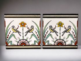 A PAIR OF CHRISTOPHER DRESSER FOR MINTON TILES. 'Dresser's Tomtitis' pattern. Marked to base. 8 x 8"