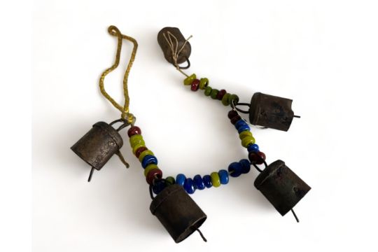 ANTIQUE TIBETAN / INDIAN BEADED COW BELLS. Strung with metal bells and multicoloured beads. - Image 3 of 3