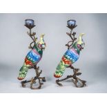 A PAIR OF LARGE HANDPAINTED CERAMIC PARROTS CANDLESTICKS. Gilt metal mounted in a Acorn & leaf