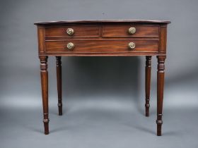 Victorian Mahogany Bow fronted Lamp table. Having three Drawers with brass handles. Delicate