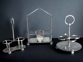Three Victorian Silver Plate Condiment Stands. Christopher Dresser style designs. Including Army &