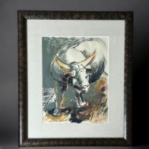 Abstract Mid Century Watercolour of a Spanish Fighting Bull Signed by artist lower right. Height