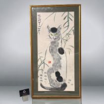 AN ORIGINAL CHINESE WATERCOLOUR PAINTING. Monochromatic Cat amongst Bamboo. Signed & stamped. 83 x