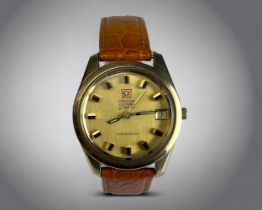 A 1970's OMEGA F300HZ CHRONOMETER MENS WRISTWATCH. Gold case, with polished gold dial and raised
