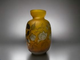 Art nouveau Galle type cameo glass vase. Yellow frosted ground, with pale blue flowers. Signed to