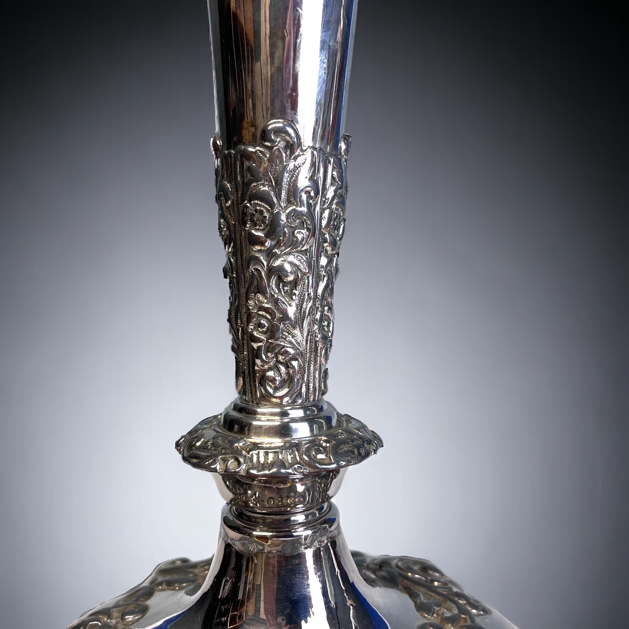 A PAIR OF GEORGIAN SHEFFIELD PLATE CANDLESTICKS. Relief decorated foliate design. Height - 30cm - Image 3 of 6