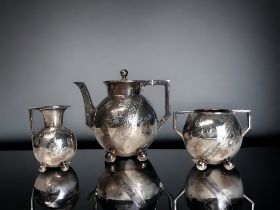 A 19th CENTURY JAMES DIXON SILVER PLATE BATCHELORS TEASET. Attributed to Christopher Dresser.