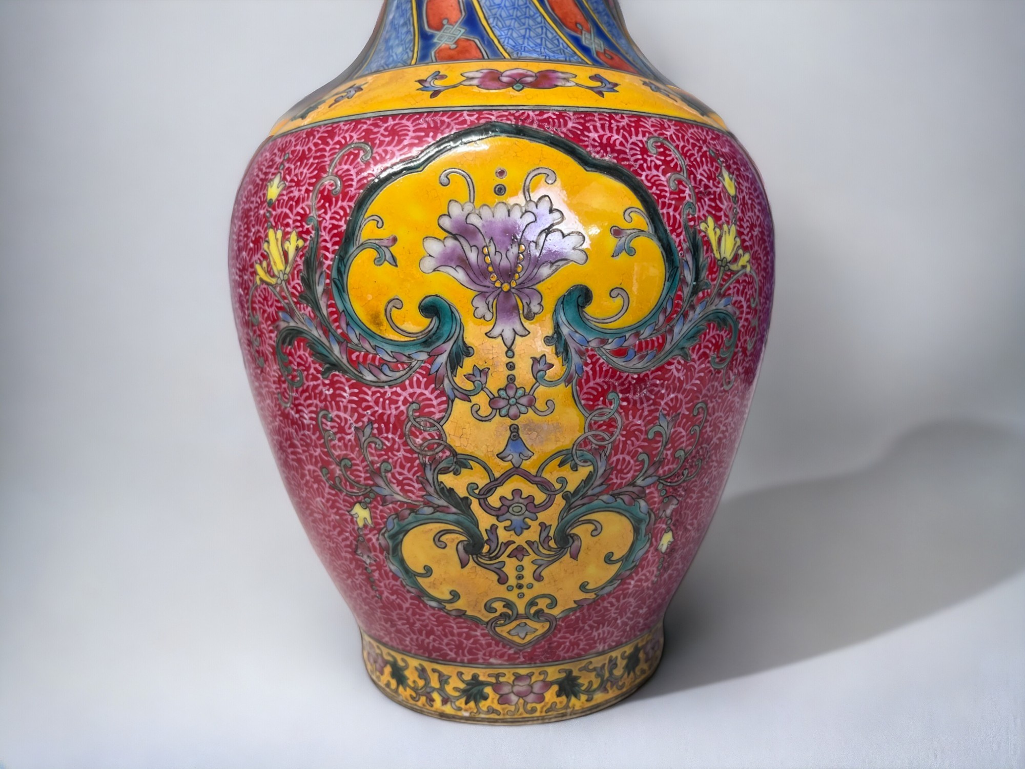 A PAIR OF CHINESE HAND PAINTED PORCELAIN VASES. Baluster form, painted enamels flowers in stylised - Image 3 of 8