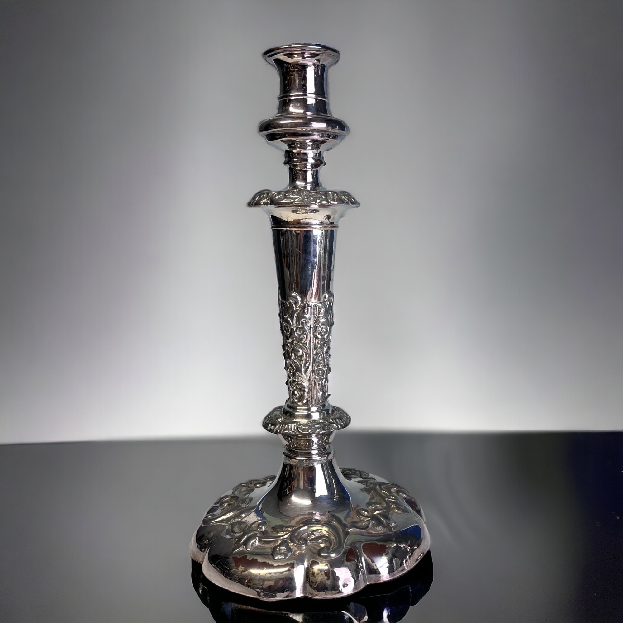 A PAIR OF GEORGIAN SHEFFIELD PLATE CANDLESTICKS. Relief decorated foliate design. Height - 30cm - Image 2 of 6