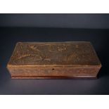 ART NOUVEAU EMBOSSED BOX. 
Board & wood, lined interior. 
33 x 14 x 8cm 