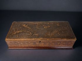 ART NOUVEAU EMBOSSED BOX. Board & wood, lined interior. 33 x 14 x 8cm