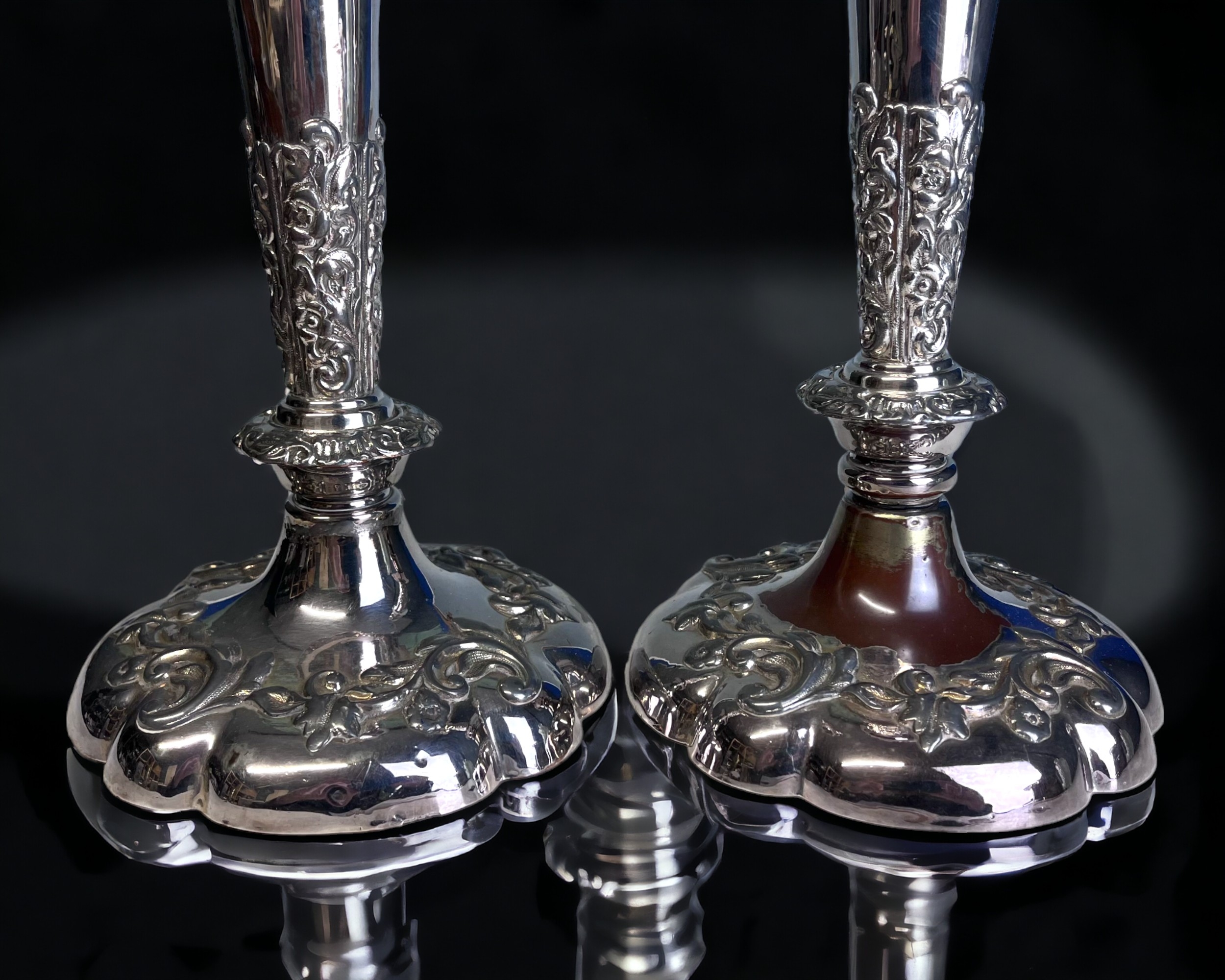 A PAIR OF GEORGIAN SHEFFIELD PLATE CANDLESTICKS. Relief decorated foliate design. Height - 30cm - Image 5 of 6